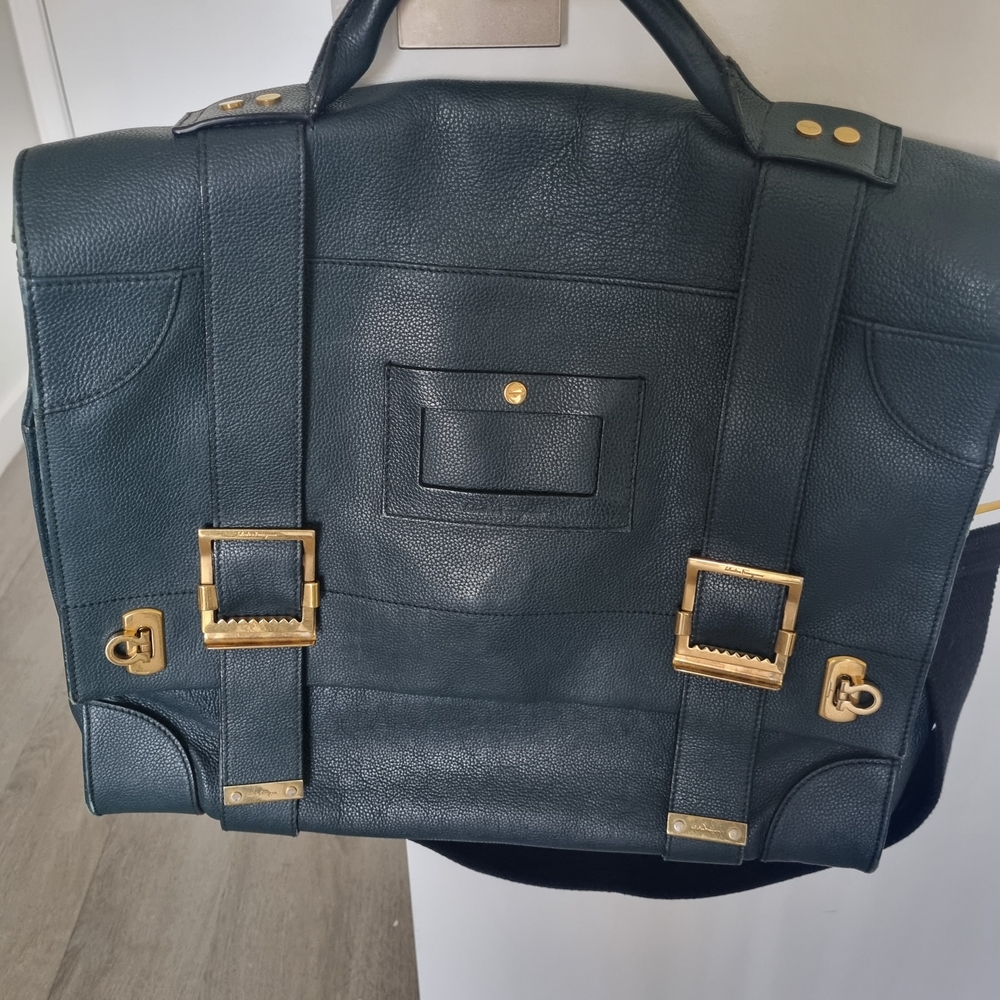 Men's ,and WomenDark Green Leather Briefcase with Gold Hardware ,Ferragamo